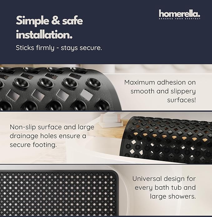 Bathtub Mat Non Slip 35x16 - homerella® Bath Mat Incl. Hooks for Drying, Extra Long, 100% BPA Free, Shower Mat Non Slip Anti Mold, Machine Washable, Shower Mats for Inside Shower Mildew Resistant