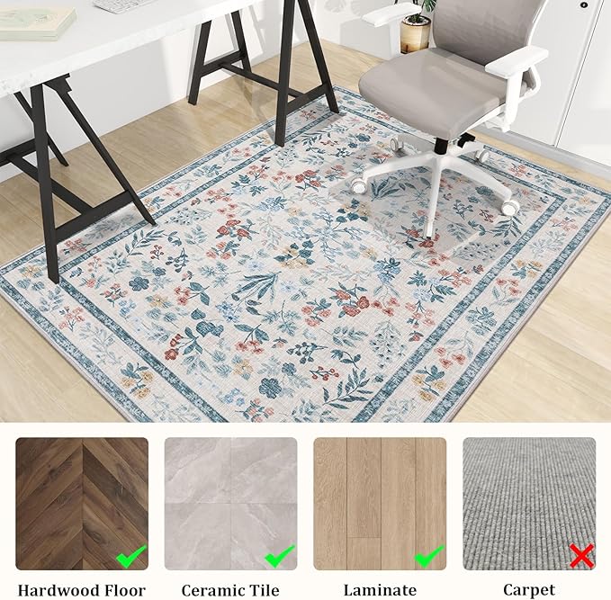 chakme Office Chair Mat for Hardwood Floor, 72"x48" Easy Glide Computer Desk Mat Protector for Rolling Chair Under Desk Rug Nonslip Backing, Machine Wash, (Floral)