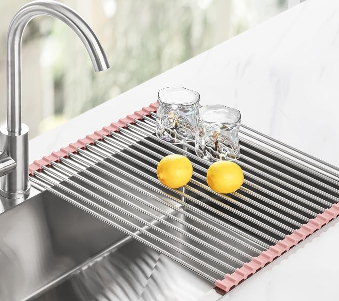 Tomorotec 21" x 15.5" Roll Up Dish Drying Rack Over Sink Drying Rack Sink Cover Kitchen Sink Accessories Gadget Multipurpose Organizer Foldable Stainless Steel Drainer