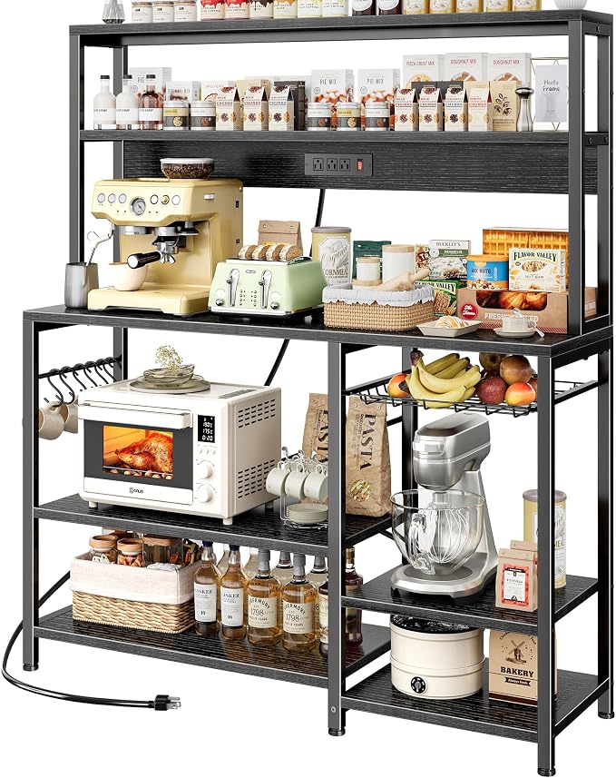 SUPERJARE Bakers Rack with Power Outlet, 47.2 Inches Coffee Bar with 3 Level-Adjustable Open Shelves, Wire Basket, Kitchen Microwave Stand with 6 S-Shaped Hooks, Black