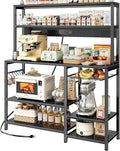 SUPERJARE Bakers Rack with Power Outlet, 47.2 Inches Coffee Bar with 3 Level-Adjustable Open Shelves, Wire Basket, Kitchen Microwave Stand with 6 S-Shaped Hooks, Black