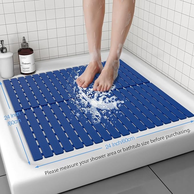 Shower Mat Non-Slip Bath Mat for Tub and Shower Stall,236 Suction Cups with Drain Holes, Quick Dry Machine Washable, Extra Grip for Stand Up Showers, Bathroom Essentials 24x24 Inch (Blue)