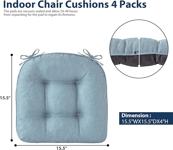 IASEAHK Chair Cushions for Dining Chairs, Seat Cushions for Kitchen Chairs, Indoor Seat Cushions with Ties, Tufted Foam Chair Pads, Non Slip Chair Cushions Set of 6, 15.5" x 15.5" x 4", Light Blue