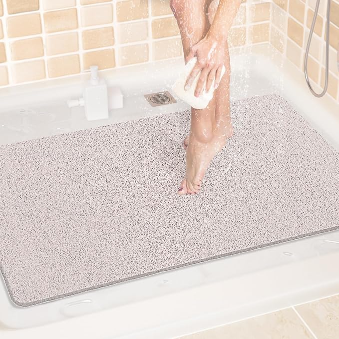 LuxStep Shower Mat Bathtub Mat,24x36 inch, Non-Slip Bath Mat with Drain, Quick Drying PVC Loofah Bathmat for Tub,Shower,Bathroom,White
