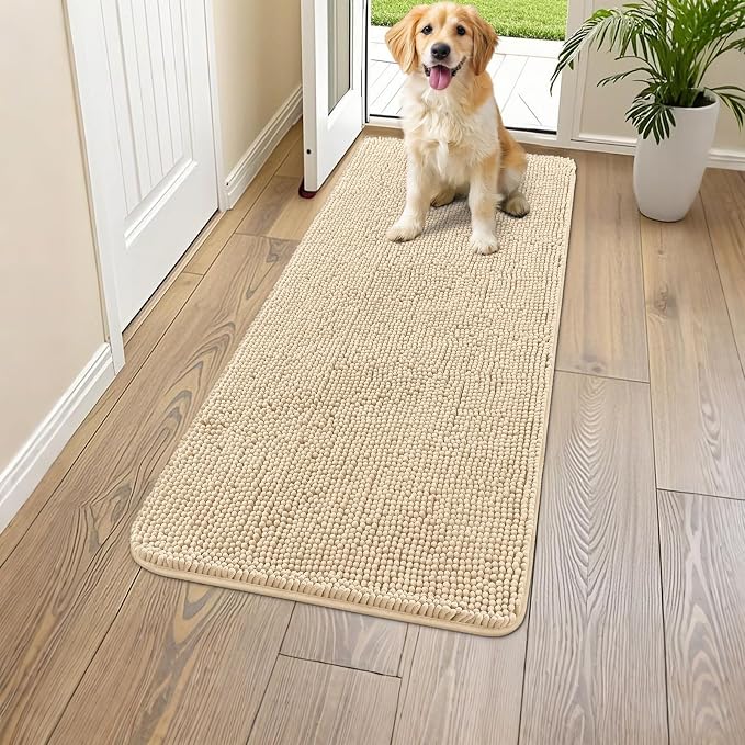 Smiry Dog Door Mat for Muddy Paws 44x24, Absorbent Dirt Trapper, Non-Slip Washable Chenille Entryway Rug for Inside Floor, Beige, Classic Solid