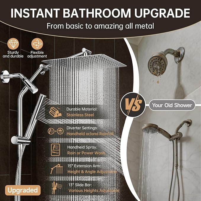Veken All Metal 12" Large Shower Head with Handheld, Full Body Coverage，Luxurious Square Double Large Rain Shower Heads,Power Wash Wand, Dual Big Detachable Rainfall Showerhead with Spray Combo,Chrome