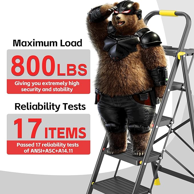 4 Step Foldable Step Ladder with Mutifunctional Tool Tray, Platform Ladders Stepstools, Step Stool 4 Step Folding with Non-Slip Pedals, 800lbs Bearing Capacity for Adults, Home, Kitchen, Black Yellow