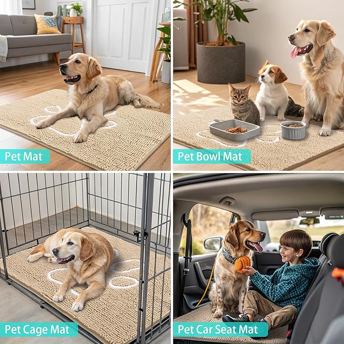 Smiry Dog Door Mat for Muddy Paws, Absorbent Dirt Trapper Non Slip Quick Dry Washable Chenille Mat for Mud Dogs, Entry Rug for Indoor and Outdoor (34x21 Inches, Beige and White)