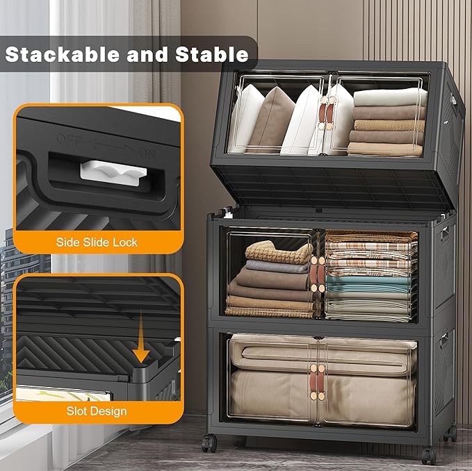 UAMFURI Stackable Storage Bins with Lids, 896QT Closet Organizers and Storage with Doors and Wheels, Extra Large Storage Cabinet, Collapsible Plastic Drawers for Bedroom Dorm Office Garage