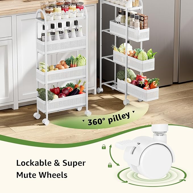 KINGRACK 4-Tier Slim Storage Cart with 3 Pull Out Basket, Rolling Bathroom Organizer Utility, Metal Shelving Unit Slide Out, Lockable Wheels, Easy Assembly for Narrow Place, Kitchen, Office, White