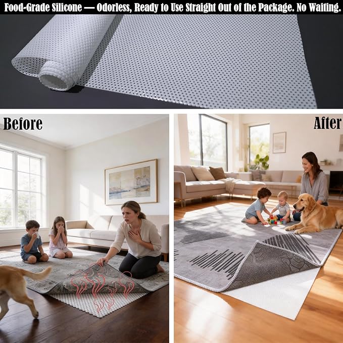 Mayhawk Non-Slip Rug Gripper Pad: Vacuum Tech for Stronger Grip, Adhesive and Residue-Free Silicone, Safe for Hardwood Tile & LVP, BPA-Free, Machine Washable, Odorless Tear-Resistant, 2x4 Ft Thin