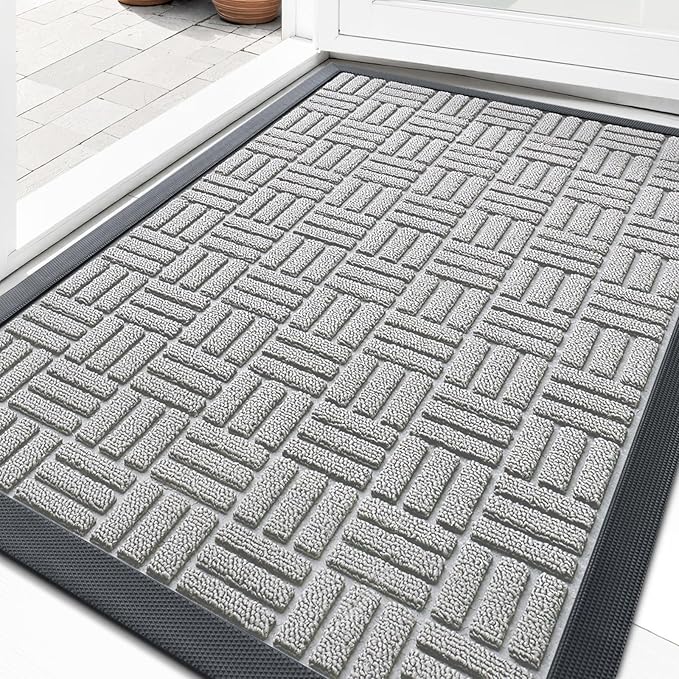 OLANLY Front Door Mat Outside Entrance 29.5x17, Absorbent, Heavy Duty Sturdy Natural Rubber Doormat Indoor Outdoor, Non-Slip, Stain and Fade Resistant, Low Profile Floor Mat for Entryway, Light Gray