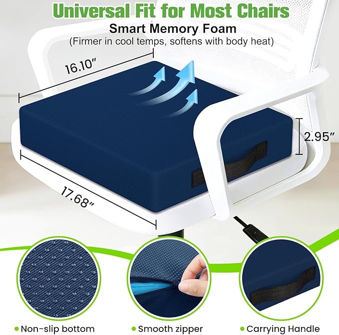 Seat Cushion for Office Chairs, Memory Foam Chair Cushion with Patterned Core for Even Support, Back, Tailbone & Sciatica Relief, Chair Pillow with Carry Handle for Car, Wheelchair (Blue)