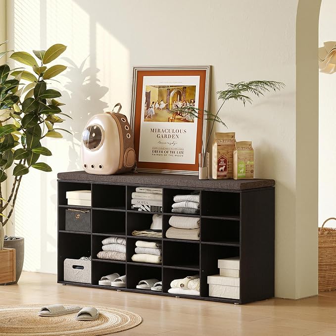 DINZI LVJ Shoe Storage Bench, 20-Cubby Shoe Rack Bench with Cushion, Fully Adjustable Shelves, Shoe Organizer for Closet, Entryway, Mudroom, Hallway and Garage, Espresso