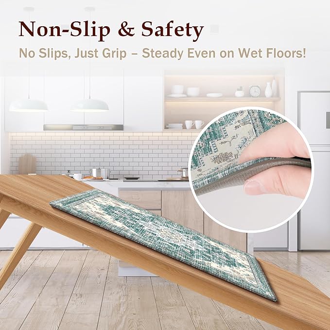 Boho Kitchen Mats for Floor 2 Piece Set Anti Fatigue Cushioned PVC Kitchen Rugs Non Slip Waterproof Farmhouse Mats 2/5 Inch Comfort Standing Mat for Sink, Laundry, 17.3"x59"+17.3"x28", Blue Green