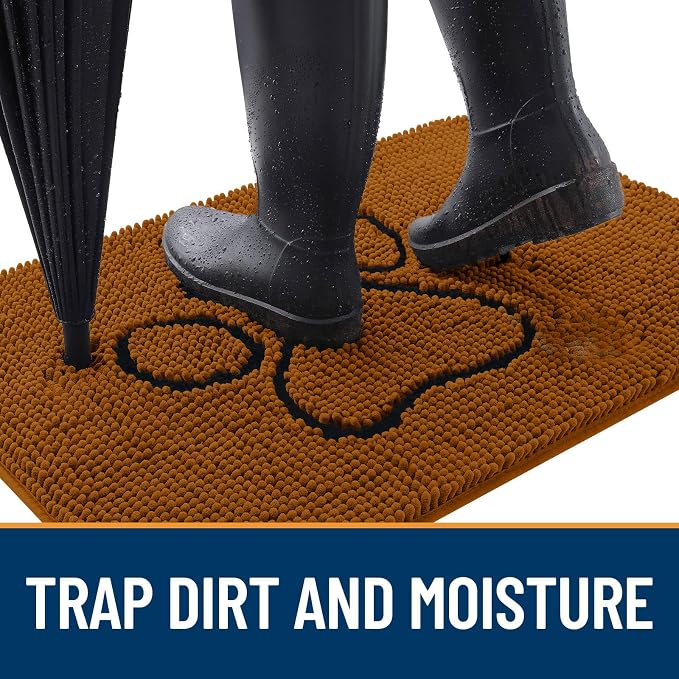 OLANLY Dog Door Mat for Muddy Paws 30x20, Paw Print Design, Absorbs Moisture and Dirt, Absorbent Non-Slip Washable Doormat, Quick Dry Chenille Mud Mat for Dogs, Entry Indoor Entryway Carpet, Ochre
