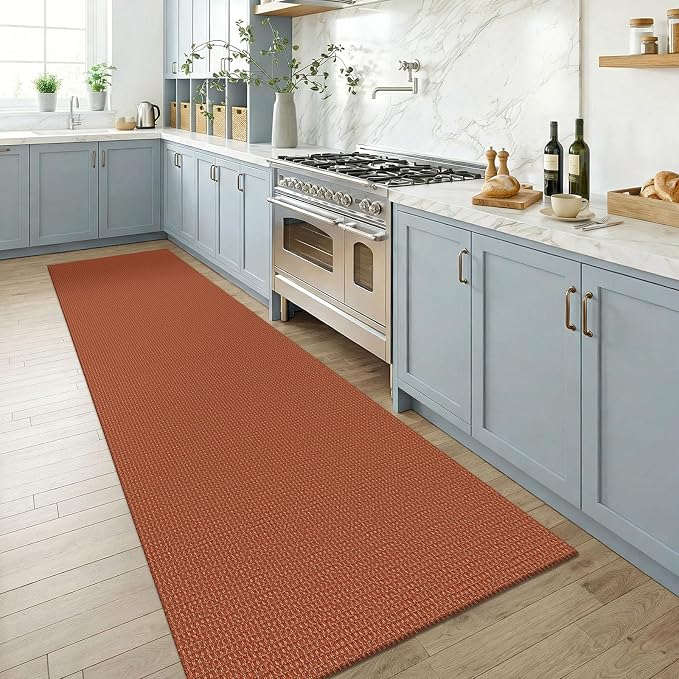 KOZYFLY Cotton Runners for Hallway 3x8, Wide Washable Runner Rug, Woven Non Slip Kitchen Runner, Braided Entryway Rug, Floor Carpet for Foyer, Bedroom, Hall, Burnt Orange/Tan