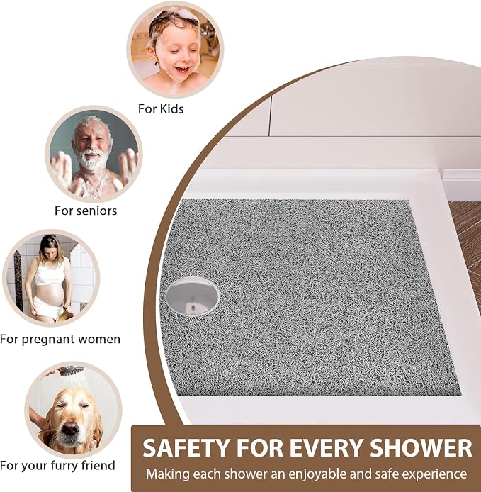 Large Non Slip Shower Mat: 32x24 inch Loofah Shower Mat for Inside Shower with Drain Hole in Middle, Soft PVC Anti-Slip Shower Stall Mats for Bathroom,Wet Area, Quick Drying