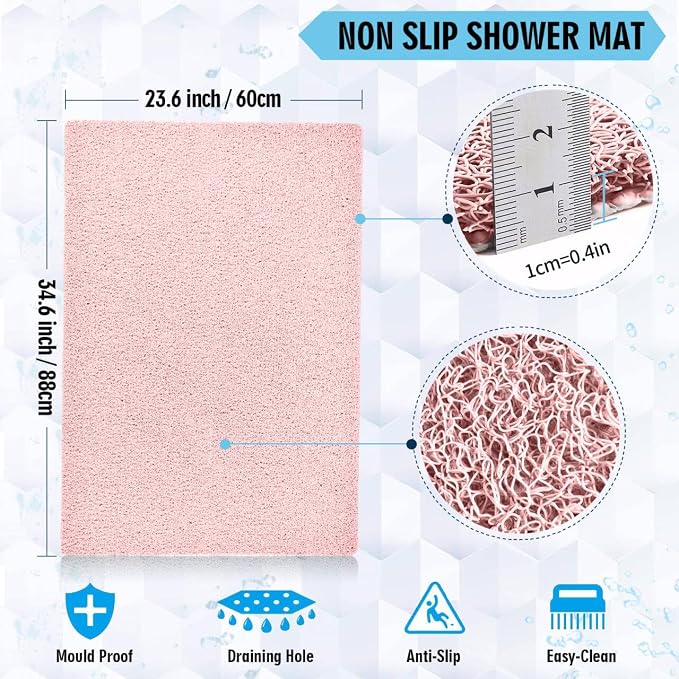 godehone Shower Mats Non Slip Without Suction Cups, PVC Loofah Bathroom Mats, Loofah Mats for Shower and Bathroom, Quick Drying, 23.6× 34.6 Inch, Pink