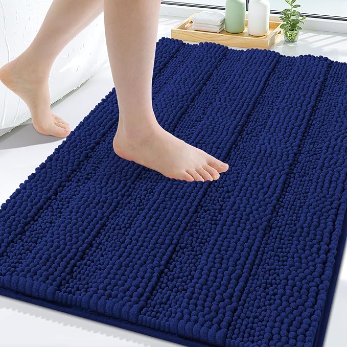 Grandaily Chenille Striped Bathroom Rugs 47x20, Extra Thick and Soft Absorbent Bath Mats, Rubber Backing, Plush Shaggy Shower Carpet, Machine Wash Dry, Bath Rug for Bathroom, Navy Blue