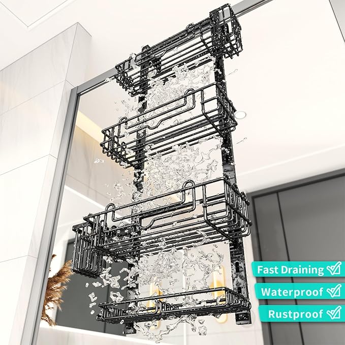 HapiRm 4 Tier Over the Door Shower Caddy, Hanging Shower Organizer with 22 Hooks and 2 Toothbrush Holders, No Drilling Adjustable Hanging Shelves for Bathroom Storage - Black
