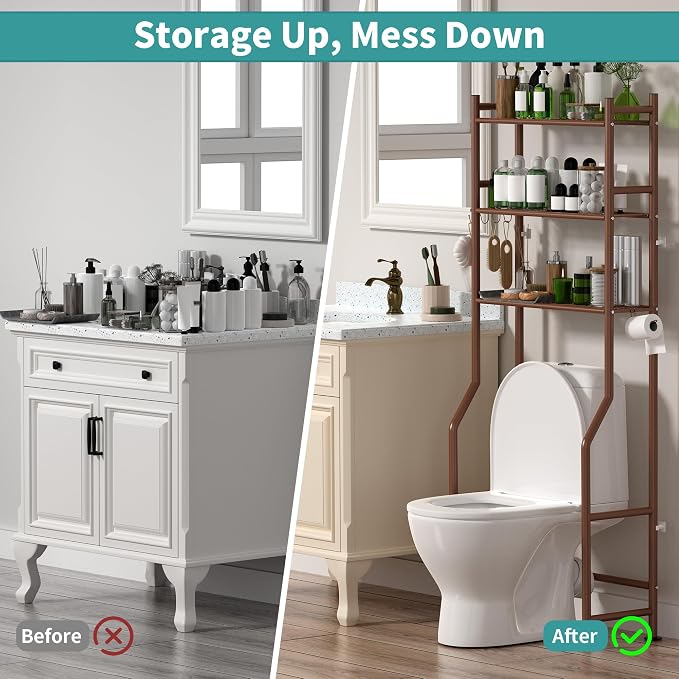 3-Tier Over The Toilet Storage Organizer, Space-Saving Bathroom Rack with Paper Holder & 4 Hooks, 64" Tall Freestanding Carbon Steel Shelf for Small Apartment Laundry Room (Bronze)