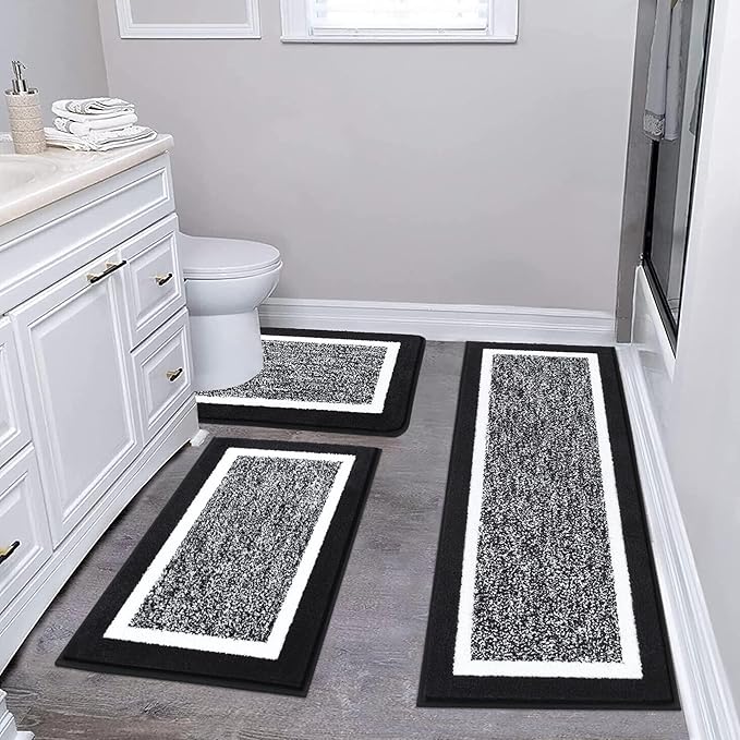 Pauwer Bathroom Rug Mat Set 3 Piece, Microfiber Shaggy Bath Set, Non-Slip Ultra Soft Carpet Mats, Absorbent with U-Shaped Toilet for Bathroom, Tub, Shower, Black