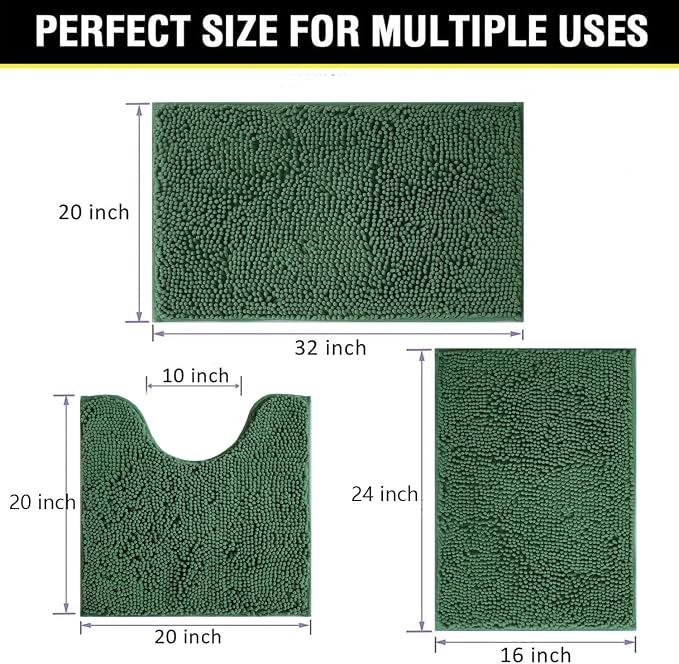 Green Bathroom Rug Chenille 3-Piece Extra Soft and Absorbent Shag Bath Mat Set, Machine Wash Bathroom Rug Set, Strong PVC Non-Slip Underside, Plush Carpet Bath Mat (Dark Green)