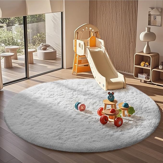 Ophanie Round Rug 6Ft White Circle Area Rug, Aesthetic Room Decor, Fluffy Fuzzy Bedroom Carpet, Plush Soft Shaggy Living Room Rugs for Kids Home, Nursery