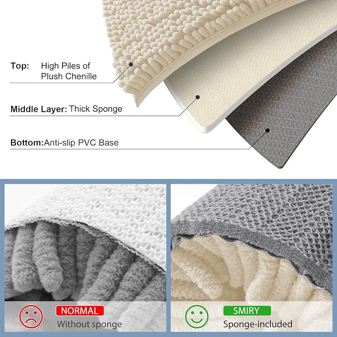 Smiry Luxury Chenille Bathroom Rugs 24x16, Extra Soft and Absorbent Shaggy Bath Mat, Machine Washable, Non-Slip Plush Carpet Runner for Tub, Shower, and Floor, Home Decor Accessories, Sand
