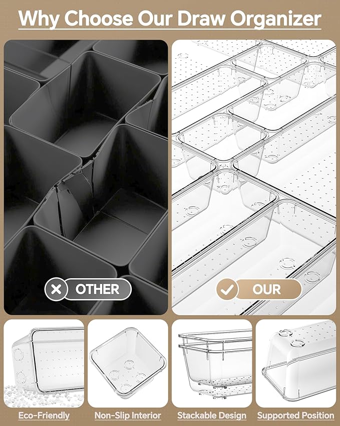 KEMETHY 25 PCS Plastic Drawer Organizers Set, 4 Sizes Vanity Organizer, Makeup and Desk Drawer Organizer Trays, Organization and Storage for Makeup, Bathroom, Kitchen Utensils and Office (Clear)
