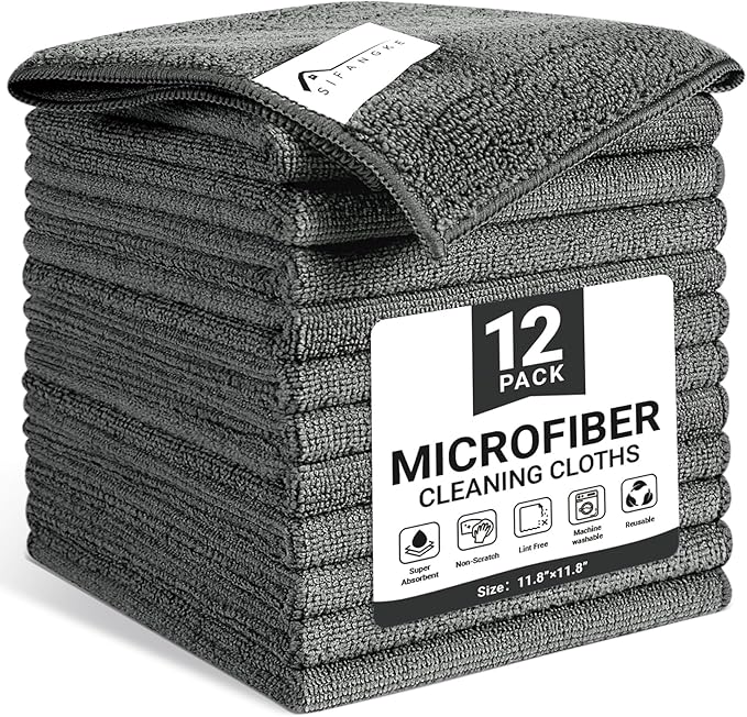 SIFANGKE Microfiber Cleaning Cloth, 12 Pack Grey Cleaning Rags for Housekeeping, Reusable Microfiber Towels for Car, Kitchen, Bathroom and Household Cleaning Supplies, 11.8"X11.8"