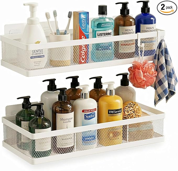 PUSDON Mesh Shower Caddy Wall Mount, Heavy Duty Adhesive Bathroom Shelf Organizer, Rustproof Floating Spice Rack for Kitchen Pantry, Holds 50 LBS, Multi-Purpose Storage White-2 Packs (Netting)