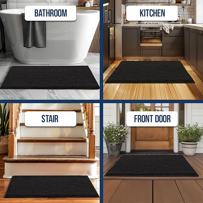 Muddy Mat Chenille Bathroom Rugs Quick Dry Microfiber Mats Non Slip Washable, Extra Thick, Soft and Highly Absorbent Bath Mats for Bathroom, Kitchen, and Shower Floor - Black XL 59"X35"