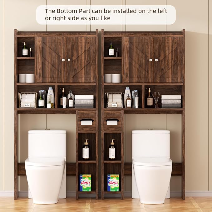 Shintenchi Over the Toilet Storage Cabinet, Bathroom Storage Cabient with Barn Doors, Bathroom Storage Shelf Organizer with Toilet Paper Holder, Adjustable Shelf and Anti-Tip Device, Walnut