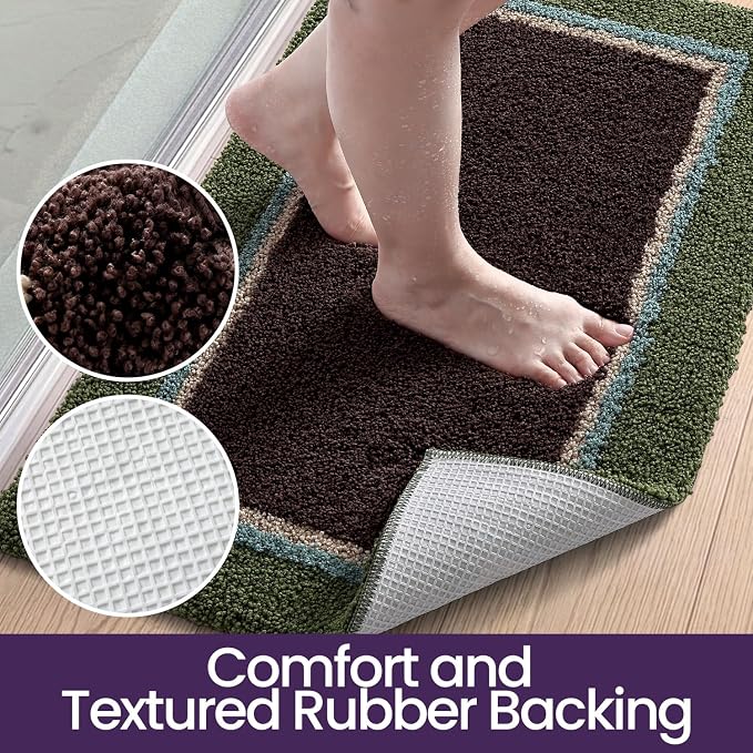 DEXI Bathroom Rugs 43x24, Absorbent Extra Soft Plush Microfiber Bath Mat for Bathroom, Non Slip Washable Bathmat Quick Dry for Shower Floor, Sink, Tub, Laundry Room, Green and Brown