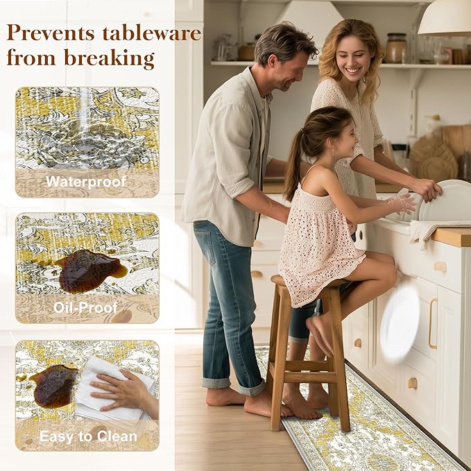 Boho Kitchen Mats for Floor 2 Piece Set Anti Fatigue Cushioned PVC Kitchen Rugs Non Slip Waterproof Farmhouse Mats 2/5 Inch Comfort Standing Mat for Sink, Laundry, 17.3"x47"+17.3"x28", Yellow