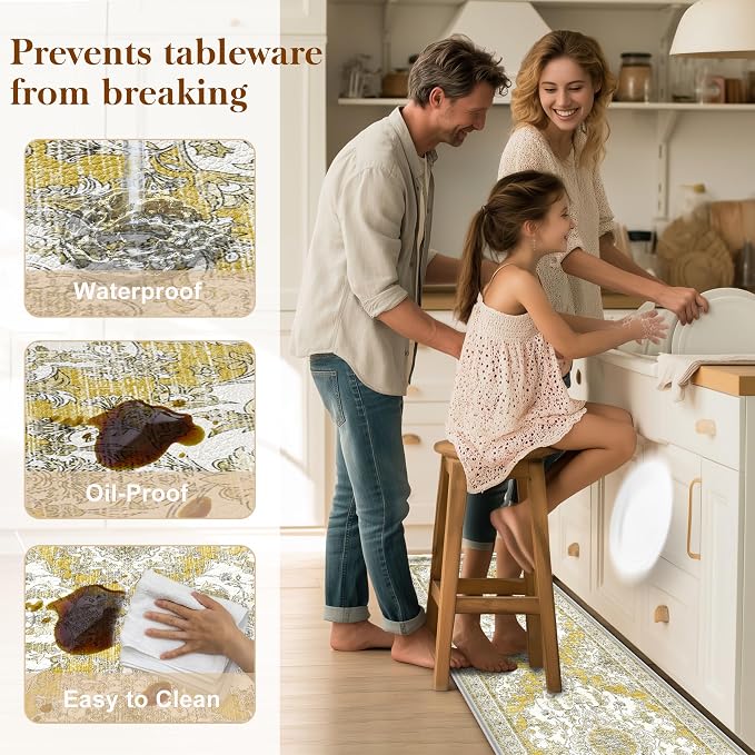 Boho Kitchen Mats for Floor 2 Piece Set Anti Fatigue Cushioned PVC Kitchen Rugs Non Slip Waterproof Farmhouse Mats 2/5 Inch Comfort Standing Mat for Office, Laundry, 17.3"x59"+17.3"x28", Yellow