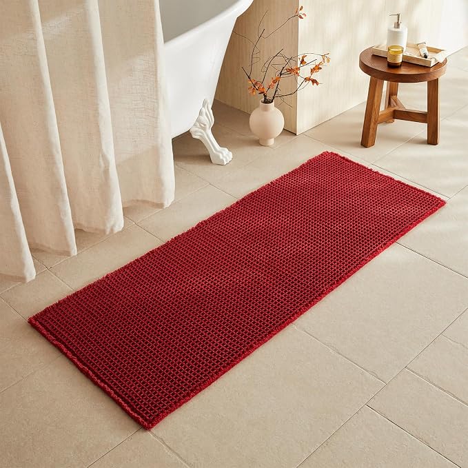 TYUU Waffle Runner Rug Bathroom, Long Boho Bathroom Rugs Non Slip Washable Super Absorbent Quick Dry Farmhouse Bath Decor, 60"x24" Burgundy
