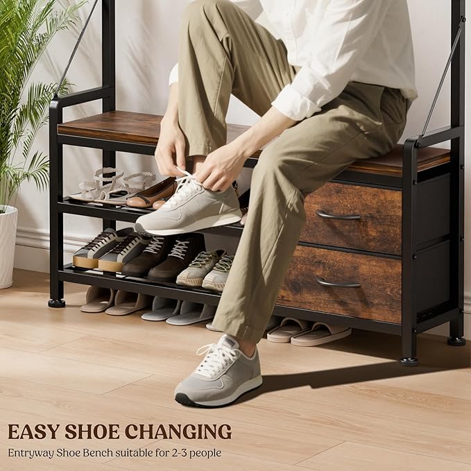Lulive Hall Tree with Bench and Shoe Storage, 39.4” Entryway Bench with Coat Rack freestanding, 5 in 1 Entryway Furniture Organizer Large Coat and Shoe Rack with 21 Hooks and Drawers, Rustic Brown