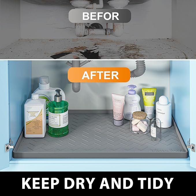 TigeJoy 25" x 22" Under Sink Mat for Kitchen – Waterproof Silicone Cabinet Protector, Leak-Proof Liner with Raised Edges, Non-Slip Under Sink Organizer Tray for Cabinets, Boot Tray, Pet Feeding Mat
