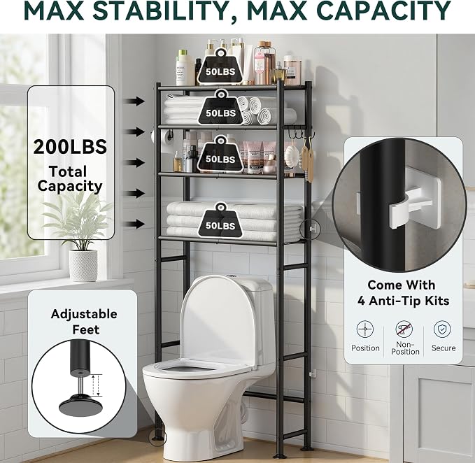 GloTika 4-Tier Over The Toilet Storage, 200lb Total Capacity Metal Bathroom Organizer with 36" Clearance, Includes Paper Holder & 4 Hooks, Space Saving Rack for Bathroom Laundry Room (64" H, Black)