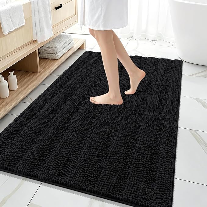 OLANLY Thick Large Bathroom Rugs 59x35, Extra Soft Absorbent Chenille Striped Bath Rugs, Rubber Backing, Machine Wash Dry, Bath Mats for Bathroom Floor, Tub and Shower, Home Decor Accessories, Black