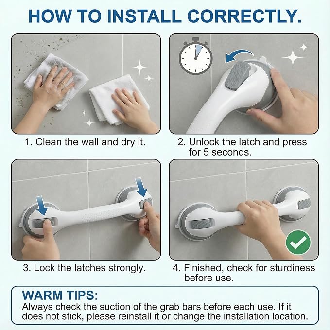 Shower Grab Bars for Seniors, Upgraded Bar with Powerful Suction, 15.8in Shower Handles for Elderly Suction, Removable Bathroom Handles for Elderly, Shower Safety Bars for Seniors on Smooth Surfaces