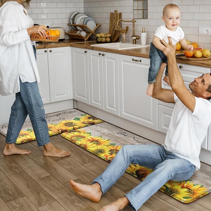 KIMODE Anti Fatigue Kitchen Mat for Floor, Farmhouse Sunflower Kitchen Rugs 2 PCS, Kitchen Floor Mats Non-Slip Cushioned, Comfort Standing Mat for Sink, Laundry, Desk Brown 17"x47"+17"x29"