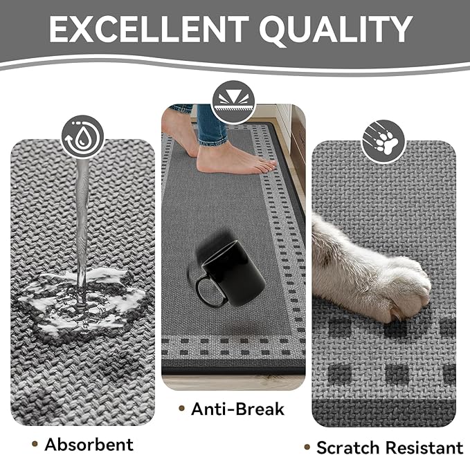 Kitchen Mats for Floor, 17''x30''+17''x59''Kitchen Rugs Set of 2, Washable Absorbent Kitchen Mat Non Slip, Braided Kitchen Runner Rug, Kitchen Sink Rug, Grey