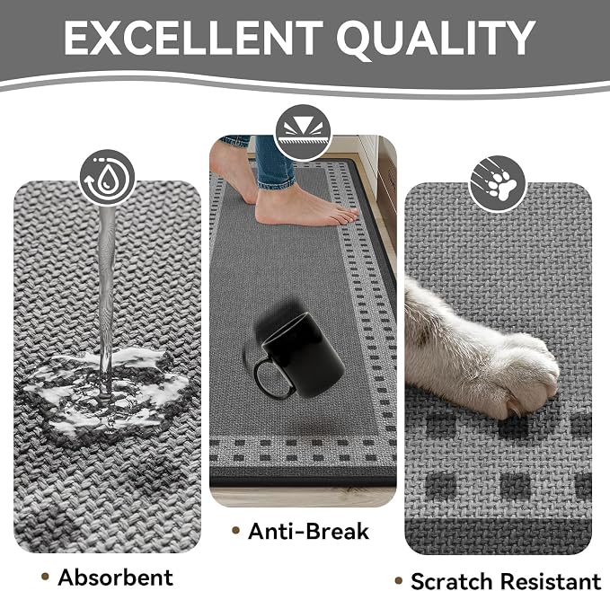 Kitchen Mats for Floor, 17''x30''+17''x47''Kitchen Rugs Set of 2, Washable Absorbent Kitchen Mat Non Slip, Braided Kitchen Runner Rug, Kitchen Sink Rug, Grey