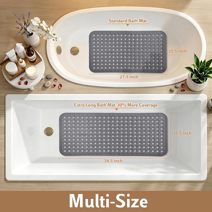 Yimobra Bathtub Mat Non Slip, 35"X16" Shower Mat with Strong Suction Cups & Drain Holes, Long Anti Slip Bath Tub Mat for Inside Shower, Machine Washable Fast Drying, Bathroom Essentials, Gray