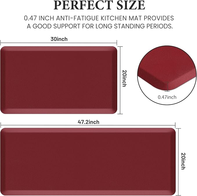 HappyTrends 2 PCS Kitchen Mat Cushioned Anti-Fatigue Floor Mat, Heavy Duty Ergonomic Comfort Foam Standing Mat,20"x30"+20"x47",Red