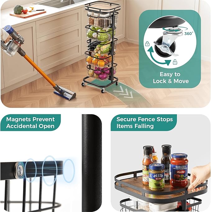 5 Tier Kitchen Fruit Vegetable Storage Cart with One-Piece Rotating Basket, Pantry Organizer Shelf Rack Floor Stand for Veggie Onion Potato Produce Spice, Rolling Snack Cart on Wheels, Black